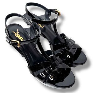 Saint Laurent Tribute Black Patent Leather Platform High Heel Sandals Size 37.5